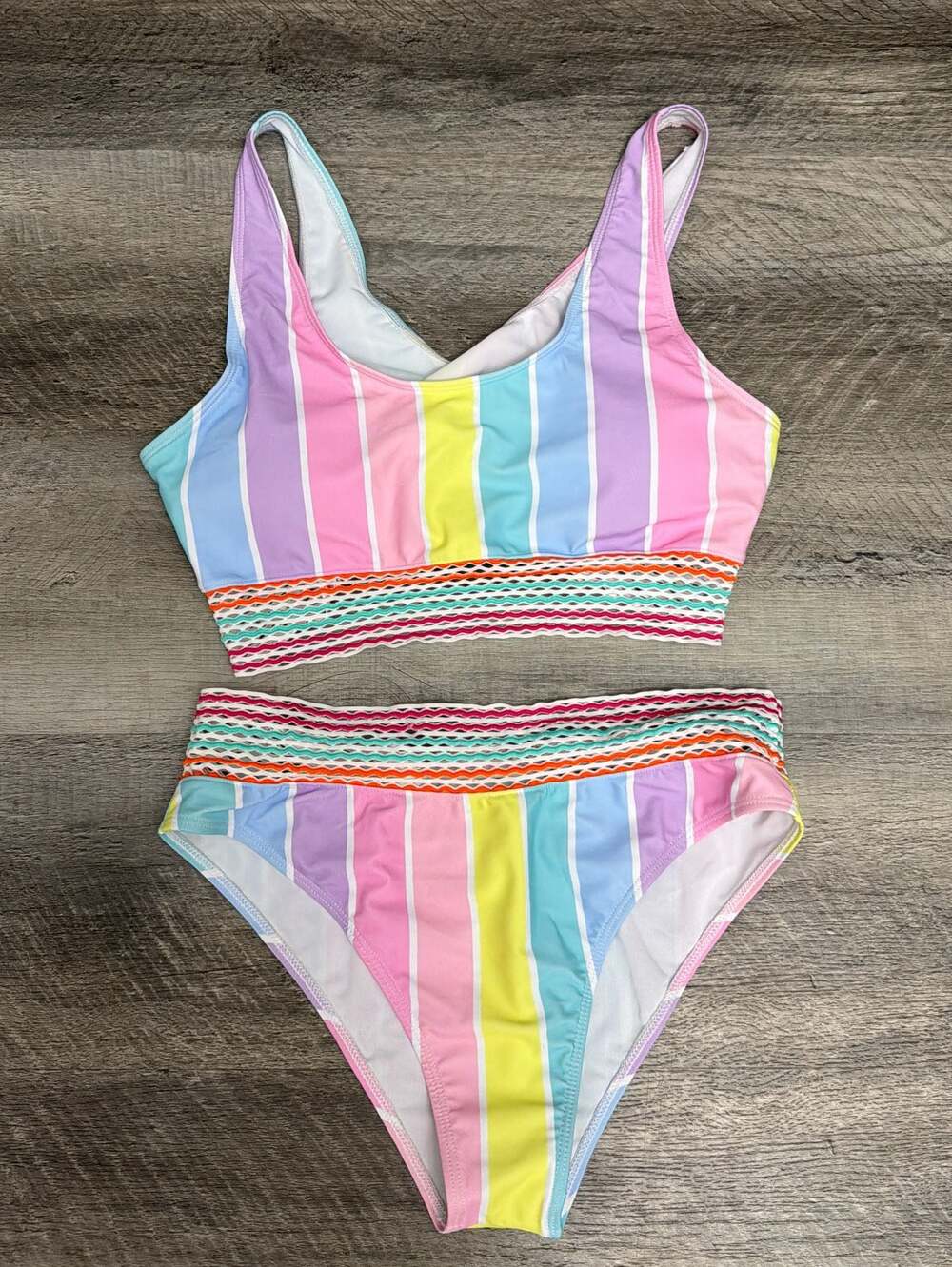 Unbranded Pastel Striped Crochet Trim Bikini Set Size L